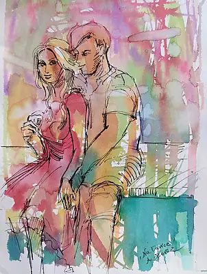 Anna Borcz, COPPIA SU UNA PANCHINA, Acquerelli, Inchiostro - carta, 30 x 40