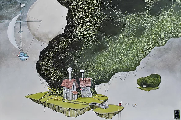 Dariusz Franciszek Różyc - ''PEJZAŻ Z ŁÓDKĄ I ŁAWECZKĄ'' cykl ''Nie tak odległe..''