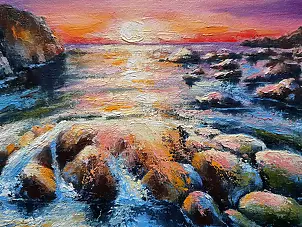 Yana Yeremenko - "PURPLE SUNSET", oil painting, seascape