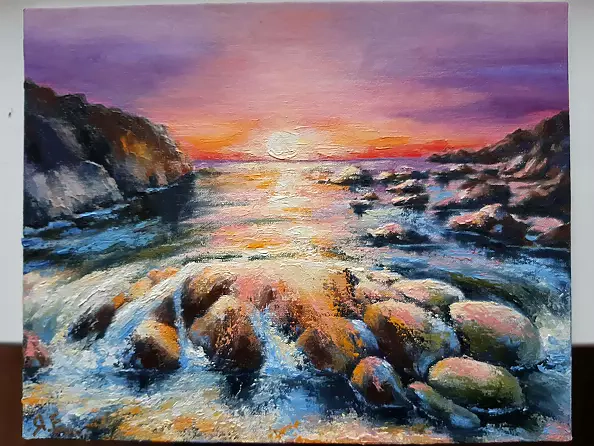 Yana Yeremenko - "PURPLE SUNSET", oil painting, seascape