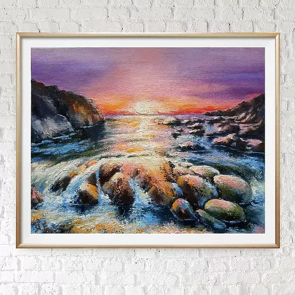 Yana Yeremenko - "PURPLE SUNSET", oil painting, seascape