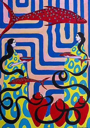 Oksana Chumakova, Painting "Fish in a Pitcher!", 2026., Acrylic painting - canvas, 50 x 70
