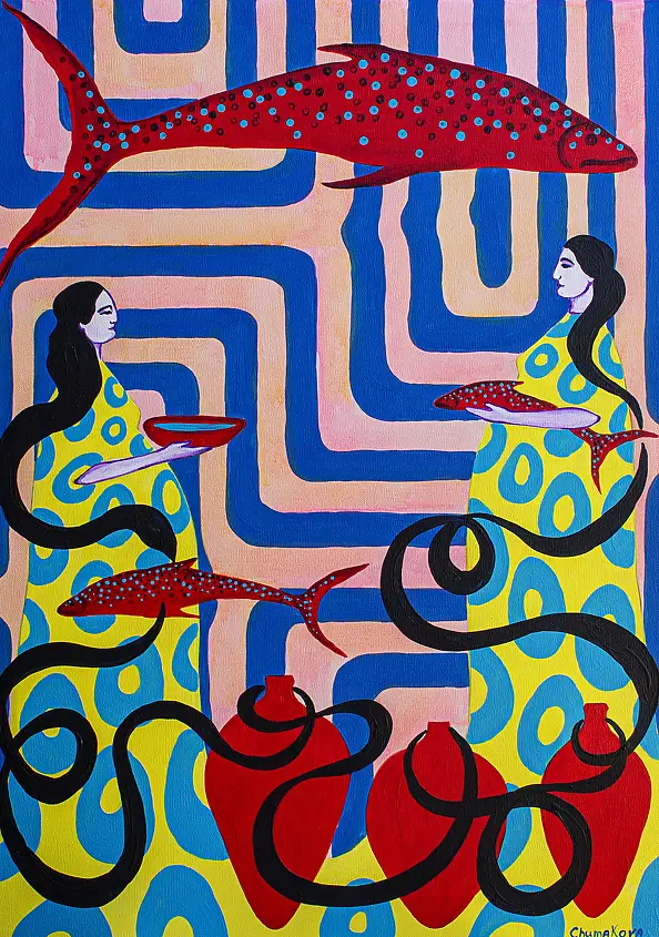 Oksana Chumakova, Painting "Fish in a Pitcher!", 2026., Acrylic painting - canvas, 50 x 70