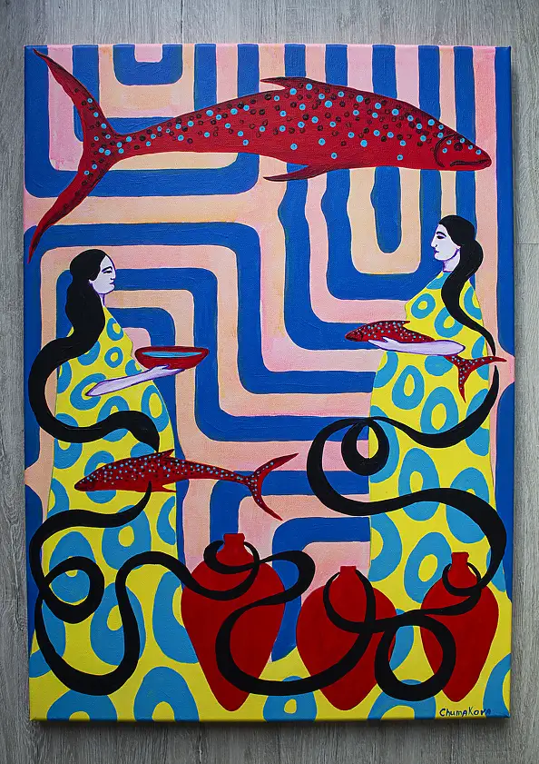 Oksana Chumakova, Painting "Fish in a Pitcher!", 2026., Acrylic painting - canvas, 50 x 70