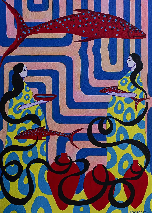 Oksana Chumakova, Painting "Fish in a Pitcher!", 2026., Acrylic painting - canvas, 50 x 70