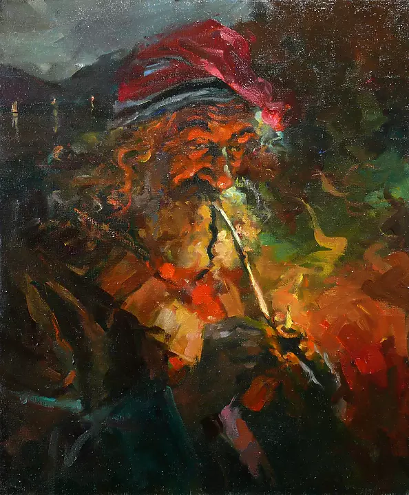 Krzysztof Tracz - Smoking a pipe.
