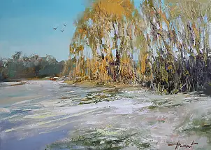 Henadzy Havartsou, Golden Hour Park, Quadro a olio - tela, 70 x 50