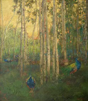 Ewa Lasek - Peacocks in un boschetto di betulle