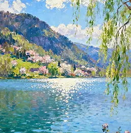 Emilia Czupryńska, Летний пейзаж, плакучая ива, лето, отпуск, озеро, горы, красивый вид., Акрилова картина, Масляная картина - холст, 70 x 120
