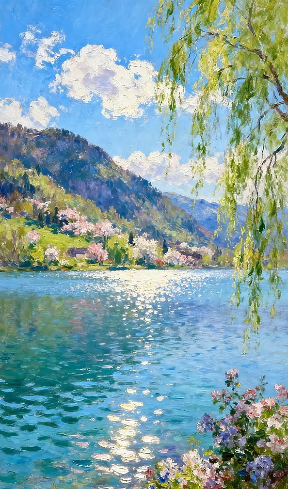 Emilia Czupryńska - Pejzaż letni, wierzba płacząca, lato, wakacje, jezioro, góry, miły widok