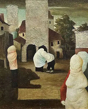 Jarosław Miklasiewicz, Pejzaż miasteczka, rok 1975, Obraz olejny - płyta, 30 x 38