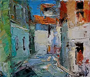 Krzysztof Tracz, Stadtbild, Impasto, Ölbild - Leinwand, 22 x 18