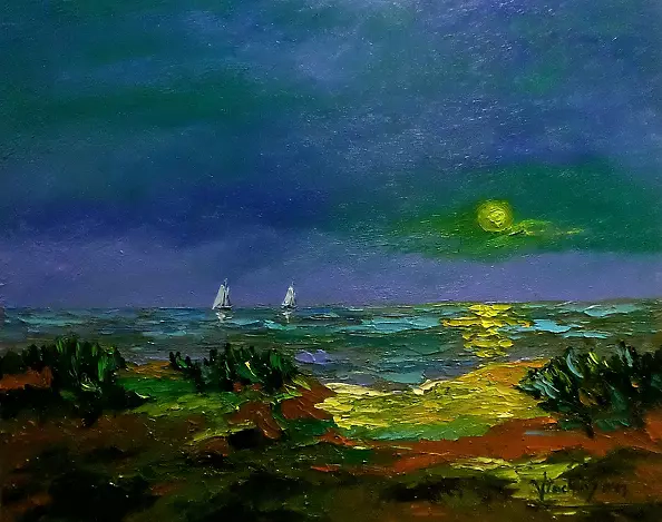 Jerzy Stachura - Pejzaż nadmorski z żaglówkami