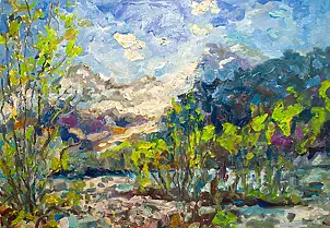 Marcin Stępniowski, Spring landscape with a view of the Swiss mountains, Oil painting - panel, 100 x 70