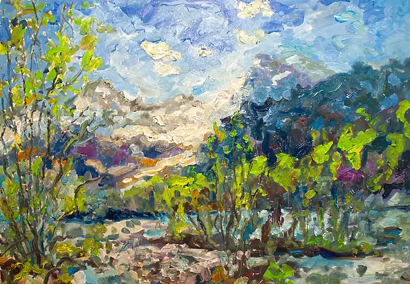 Marcin Stępniowski, Spring landscape with a view of the Swiss mountains, Oil painting - panel, 100 x 70