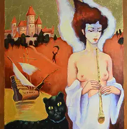 Witold Pazera, Landschaft mit einem Engel, Weitere, Acrylgemälde, Ölbild - Leinwand, 60 x 70