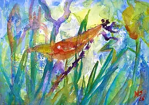 Marzena Salwowska, Pejzaż z istotą typu ważka/3/Trawa i kwiat, Akwarele - papier, 42 x 30