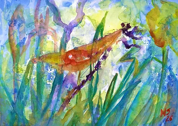 Marzena Salwowska, Pejzaż z istotą typu ważka/3/Trawa i kwiat, Akwarele - papier, 42 x 30