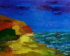 Jerzy Stachura - Pejzaż z klifem i czerwoną zaglówką