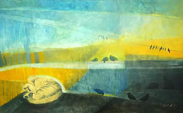 Anna Sąsiadek - Landscape with a cat acrylic on canvas