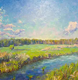 Marcin Stępniowski, "Pejzaż z lasem i rzeką", Obraz olejny - płyta, 100 x 80