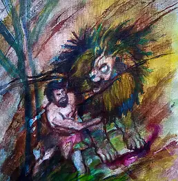 Marzena Salwowska, Paysage avec un lion et un prophète qui s'est égaré du chemin, Peinture acrylique, Encre - toile, 40 x 50