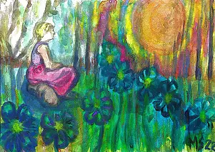 Marzena Salwowska - Un paysage avec des fleurs envahies et une fille pensive