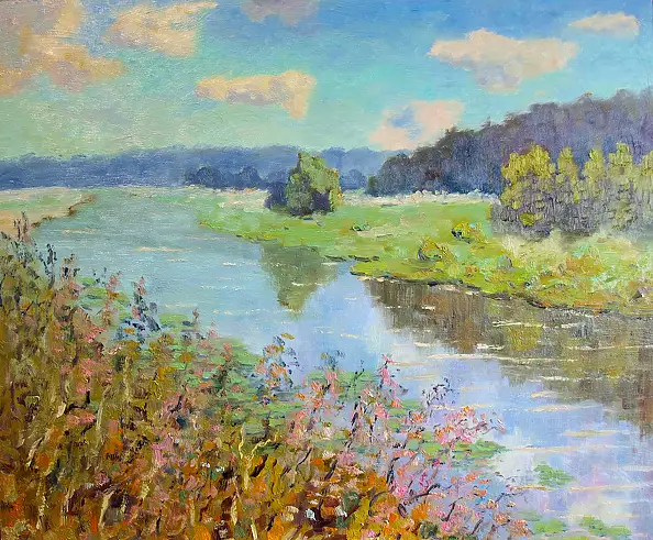 Marcin Stępniowski, Pejzaż z rzeką. Lato., Obraz olejny - płyta, 60 x 50