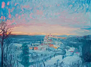 Wojciech Pater, Paesaggio invernale IV – Piccola città, Quadro a olio - pannello, 80 x 60