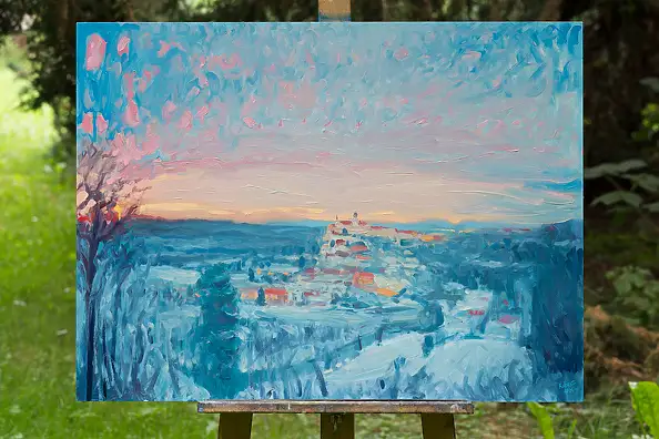 Wojciech Pater, Paesaggio invernale IV – Piccola città, Quadro a olio - pannello, 80 x 60