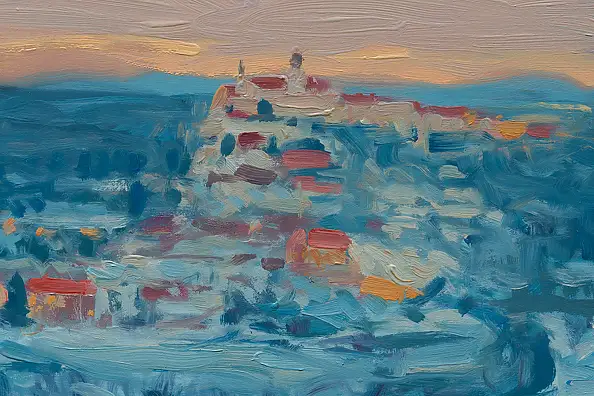 Wojciech Pater, Paesaggio invernale IV – Piccola città, Quadro a olio - pannello, 80 x 60