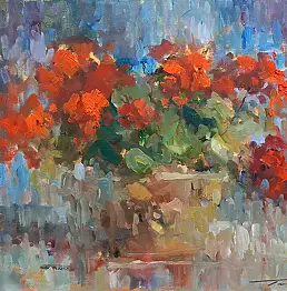 Krzysztof Tracz, Geranien, Ölbild - Leinwand, 60 x 50