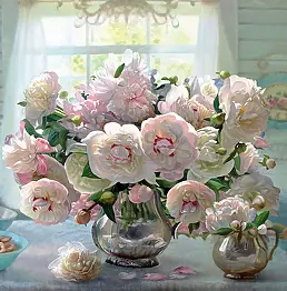 Zbigniew Kopania - Peonie w srebrnych dzbankach