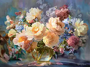 Zbigniew Kopania, Peonies in the setting sun, Oil painting - canvas, 80 x 60