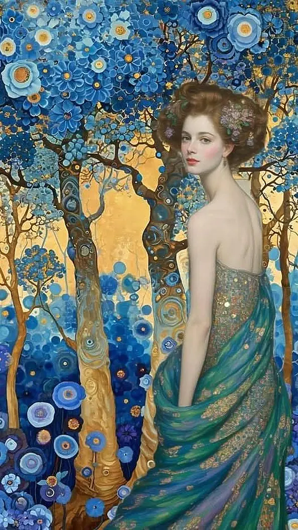 Emilia Czupryńska - Bella ragazza con fiori blu alla Klimt