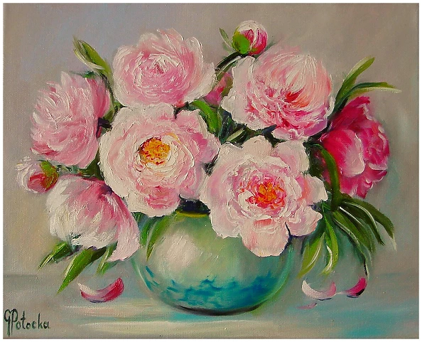 Grażyna Potocka - Piwonie obraz olejny 33-41cm w ramie