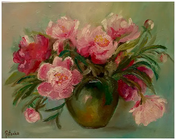 Grażyna Potocka, Piwonie obraz olejny 50-40cm, Obraz olejny - płótno, 50 x 40