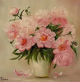 Grażyna Potocka, Piwonie obraz olejny 50cm-50cm , Obraz olejny - płótno, 50 x 50