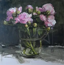 Agnieszka Długołęcka, Piwonie w szklance xxl, Obraz olejny - karton/tektura, płótno, 24 x 30