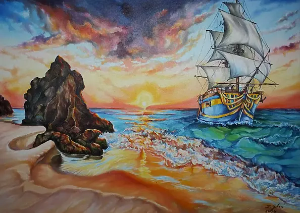 Zenon Gleń - Beach with a sailing ship in the background