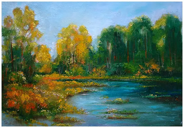 Grażyna Potocka, L'inizio dell'autunno, dipinto ad olio 50cm-70cm, Quadro a olio - tela, 70 x 50