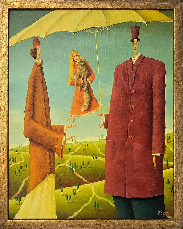 Leszek Sokół, Unter dem Regenschirm, 2015, Ölbild - Leinwand, 40 x 50