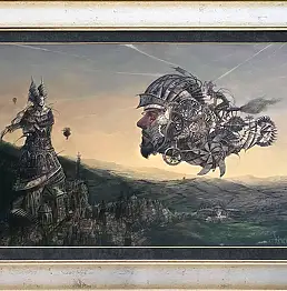 Tomasz Sętowski, Podniebna manufaktura koncepcji, rok 2012, Kredka, Obraz akrylowy - płyta, 80 x 100