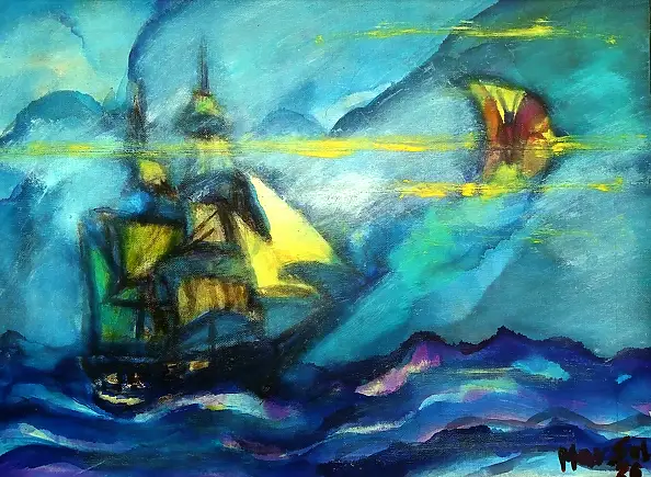 Marzena Salwowska, Il viaggio del veliero con la farfalla sulla luna, Dipinto acrilico, Quadro a olio - tela, 47 x 38