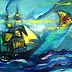 Marzena Salwowska, Il viaggio del veliero con la farfalla sulla luna, Dipinto acrilico, Quadro a olio - tela, 47 x 38