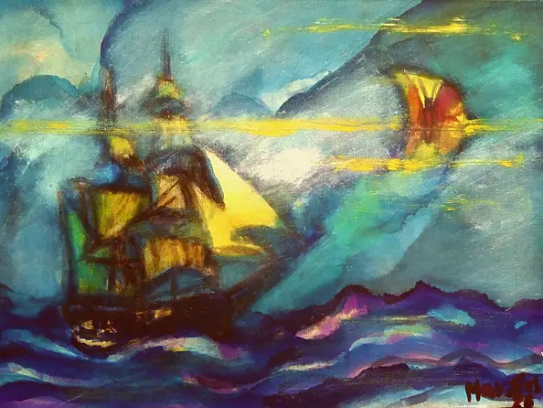 Marzena Salwowska, Il viaggio del veliero con la farfalla sulla luna, Dipinto acrilico, Quadro a olio - tela, 47 x 38
