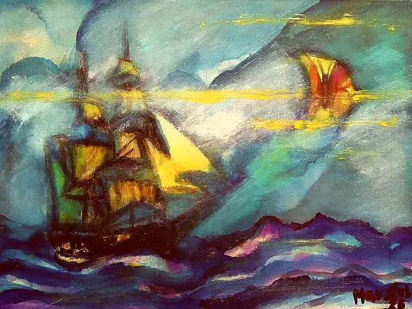 Marzena Salwowska, Il viaggio del veliero con la farfalla sulla luna, Dipinto acrilico, Quadro a olio - tela, 47 x 38