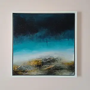 Monika Targiel, „Podróż pod gwiazdami” – 50 × 50 cm, Impasto, Obraz akrylowy, Techniki mieszane - płótno, 52 x 52