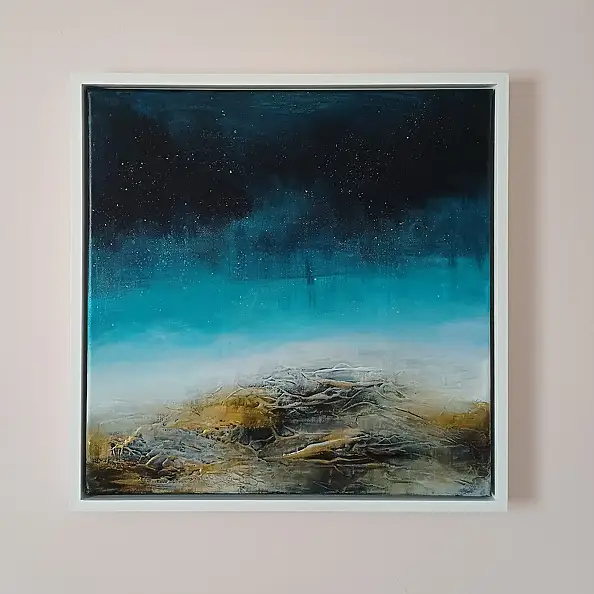 Monika Targiel, „Podróż pod gwiazdami” – 50 × 50 cm, Impasto, Obraz akrylowy, Techniki mieszane - płótno, 52 x 52
