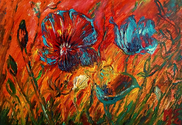 Marzena Salwowska - Field of red, blue and white poppies/Grass and flower/12